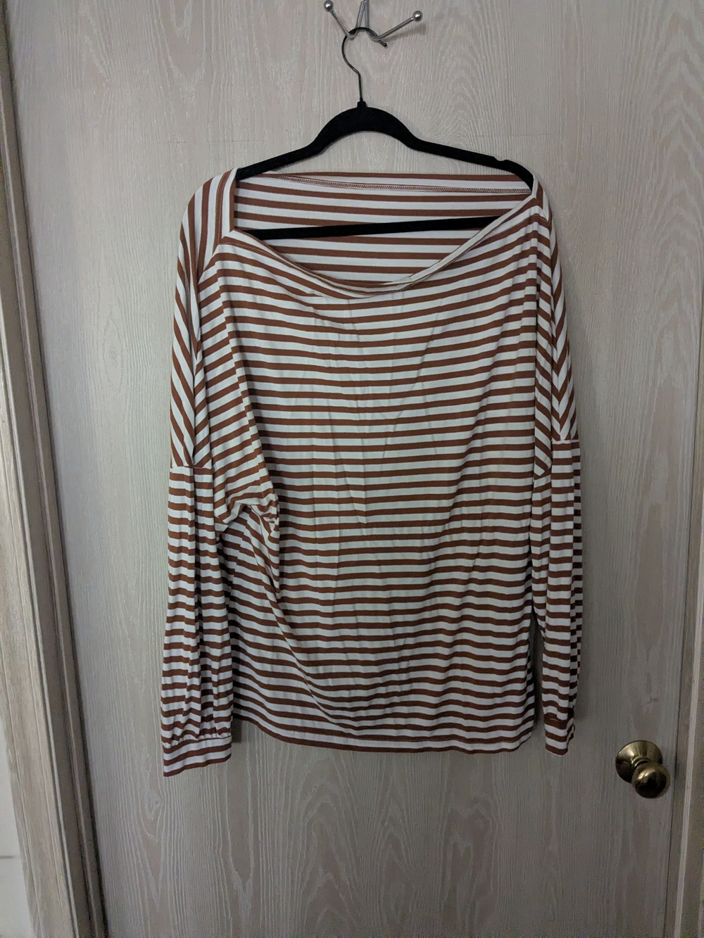 SHEIN Brown & White Striped Long Sleeve Boatneck Top